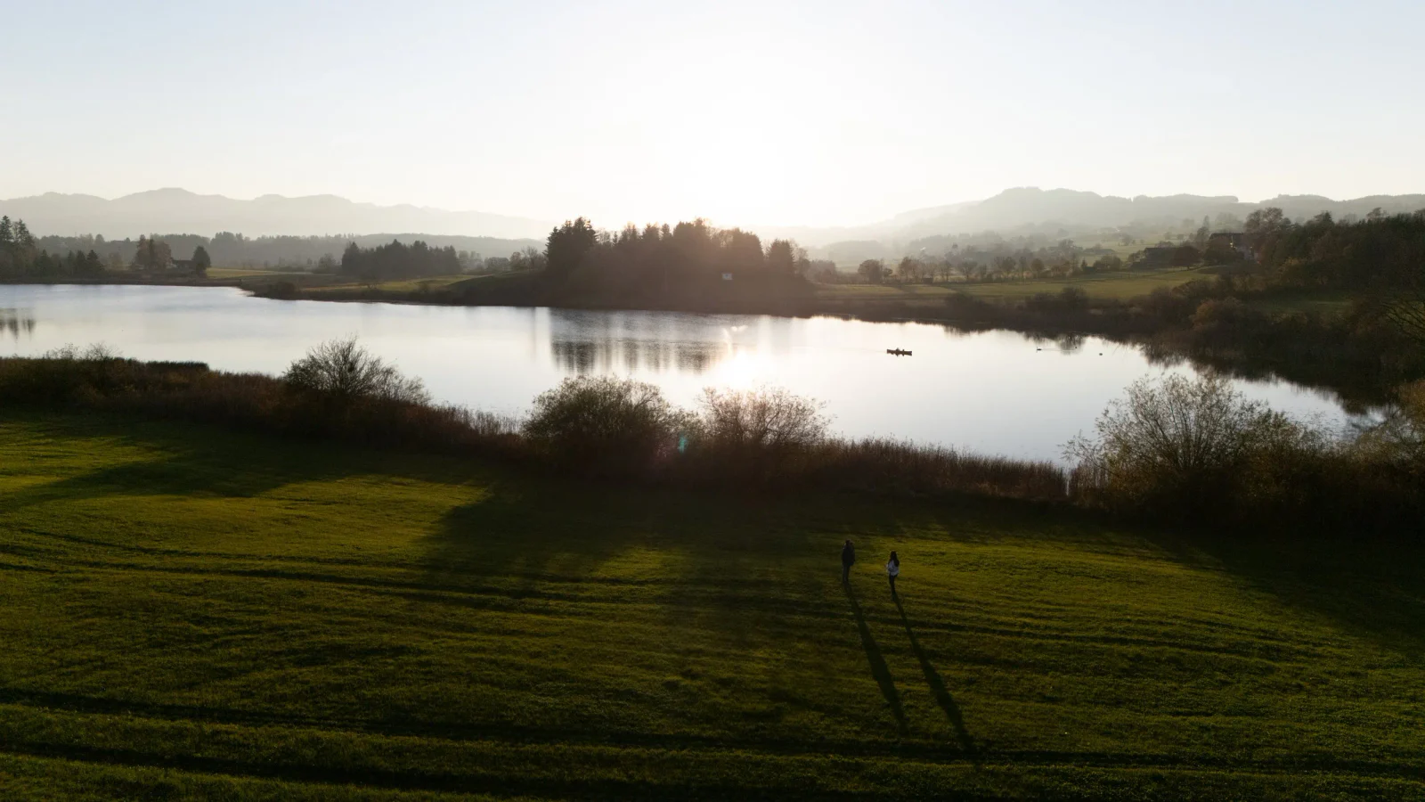 Drohnenbild einer Wiese am Wasser mit langen Schatten im Abendlicht
