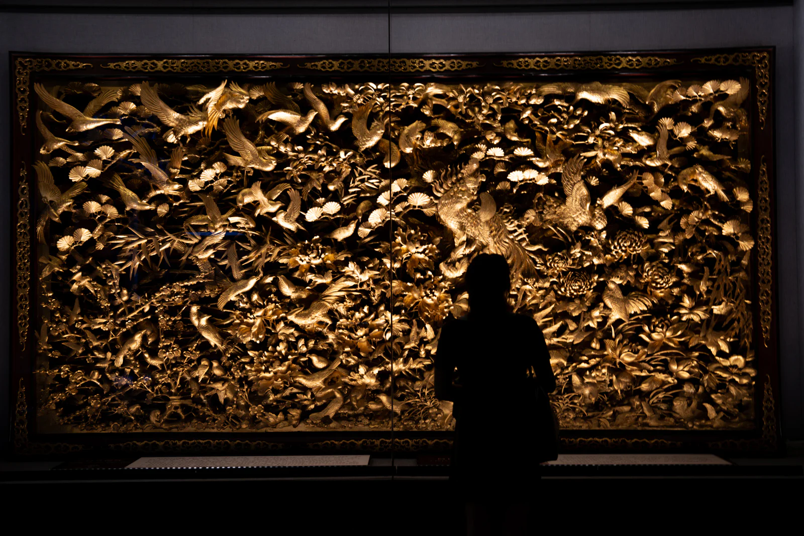 Dunkle Silhouette einer Person vor einem golden beleuchteten Relief mit Vögeln und Blumen